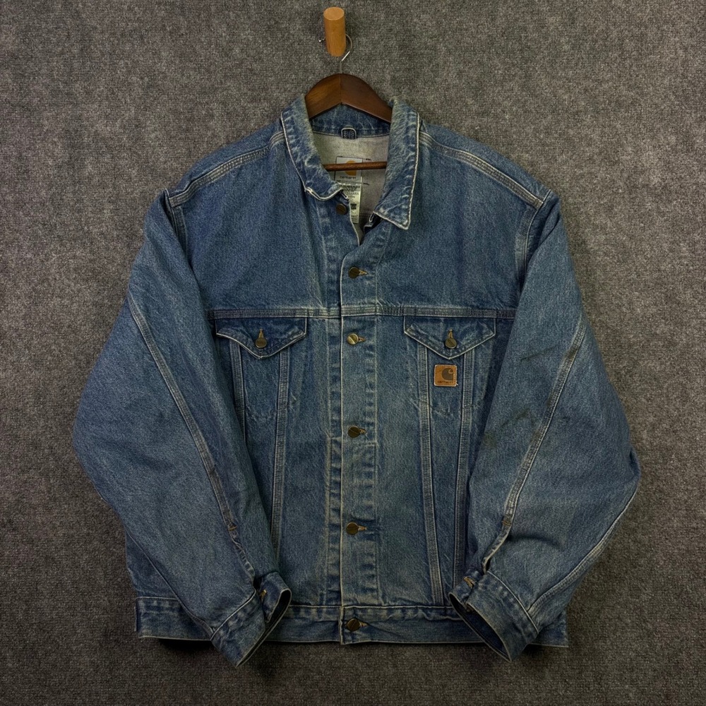 Carhartt J12 DST Denim Trucker Jacket Mens XL Blue Made in USA Workwear Vintage